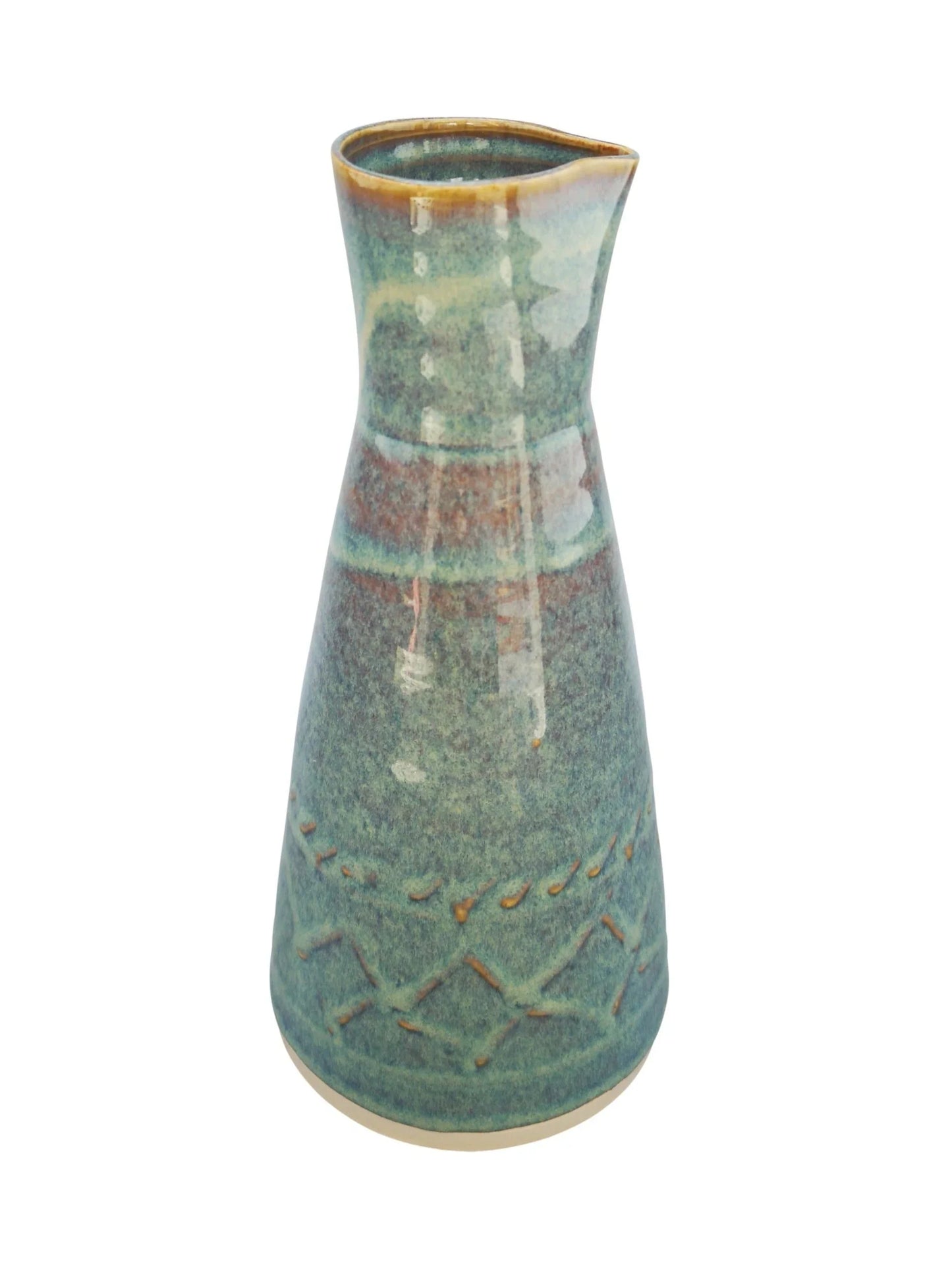 Handcrafted Kilkenny pottery jug with blue-green glaze and textured geometric design