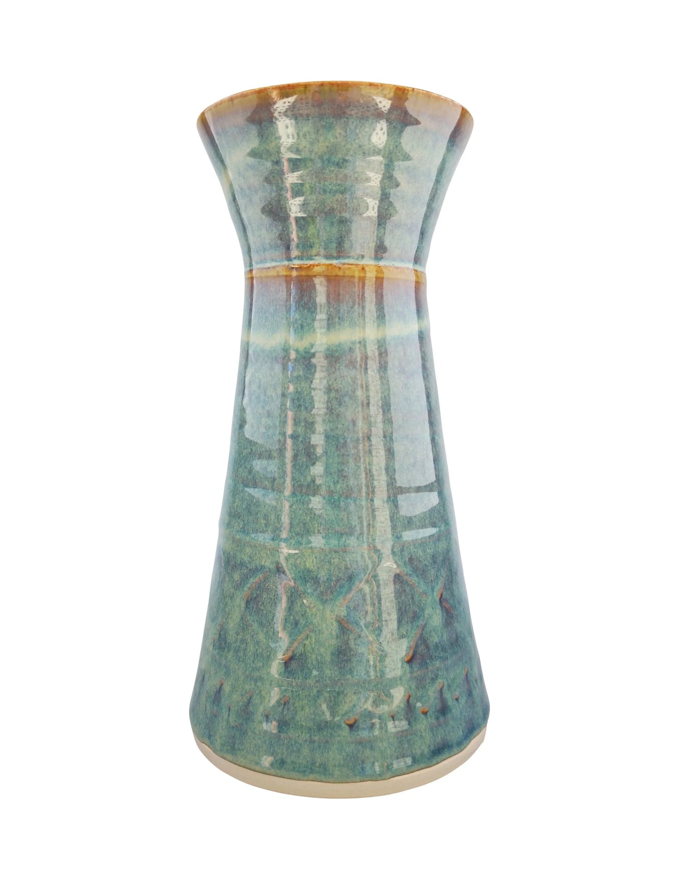 Handcrafted Kilkenny pottery vase with blue-green glaze and subtle etched patterns