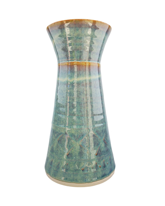 Handcrafted Kilkenny pottery vase with blue-green glaze and subtle etched patterns