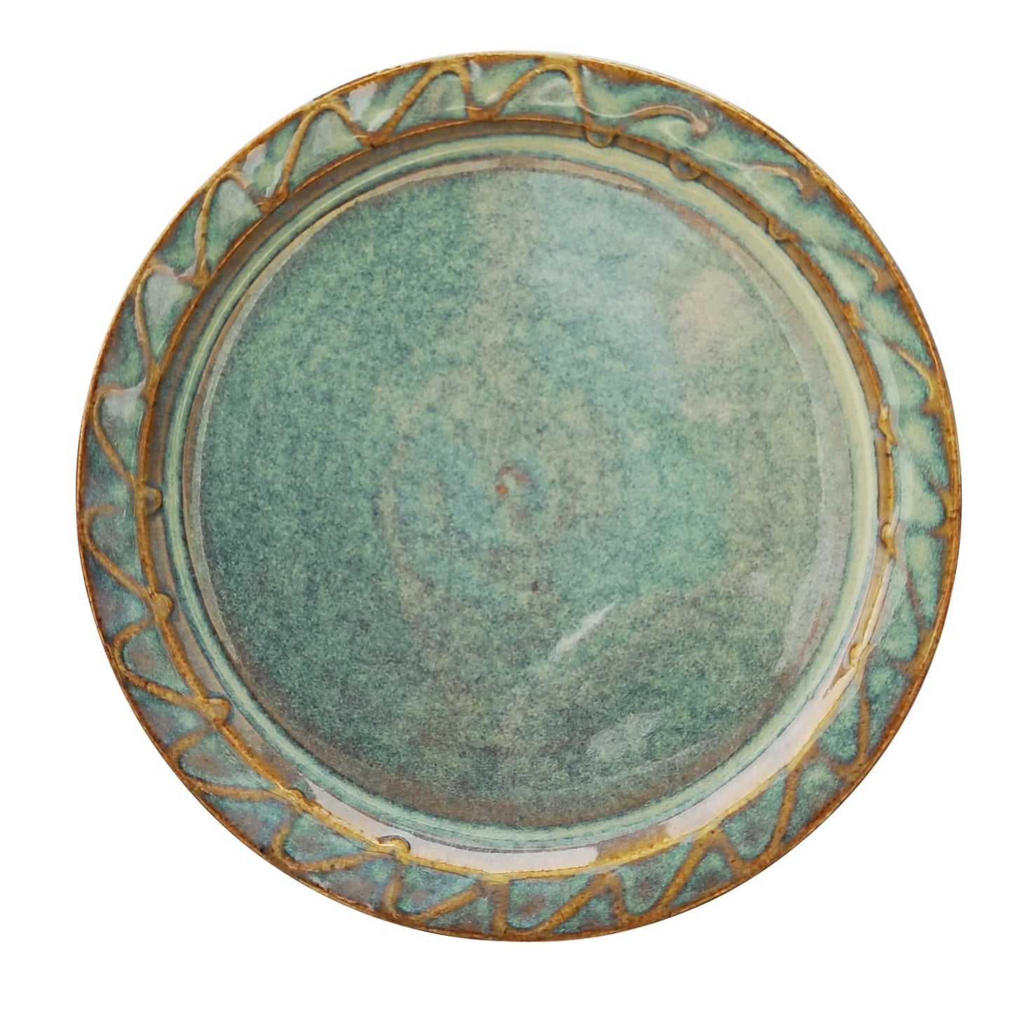Handcrafted Kilkenny pottery plate with teal glaze and intricate golden brown border design