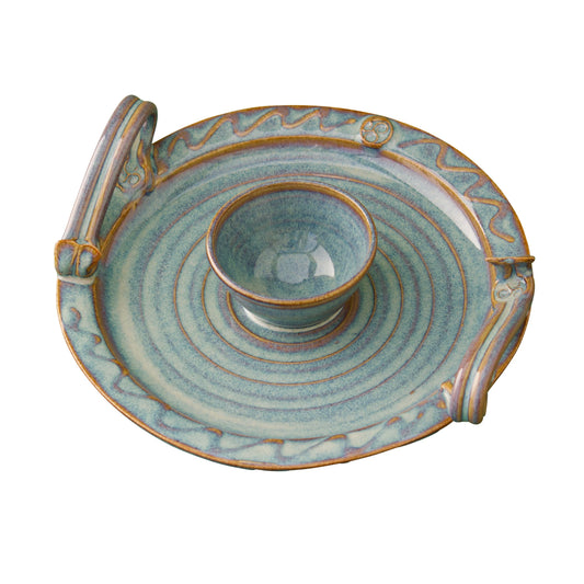 Handcrafted blue Kilkenny pottery chip and dip serving plate with unique glazed decoration and handles