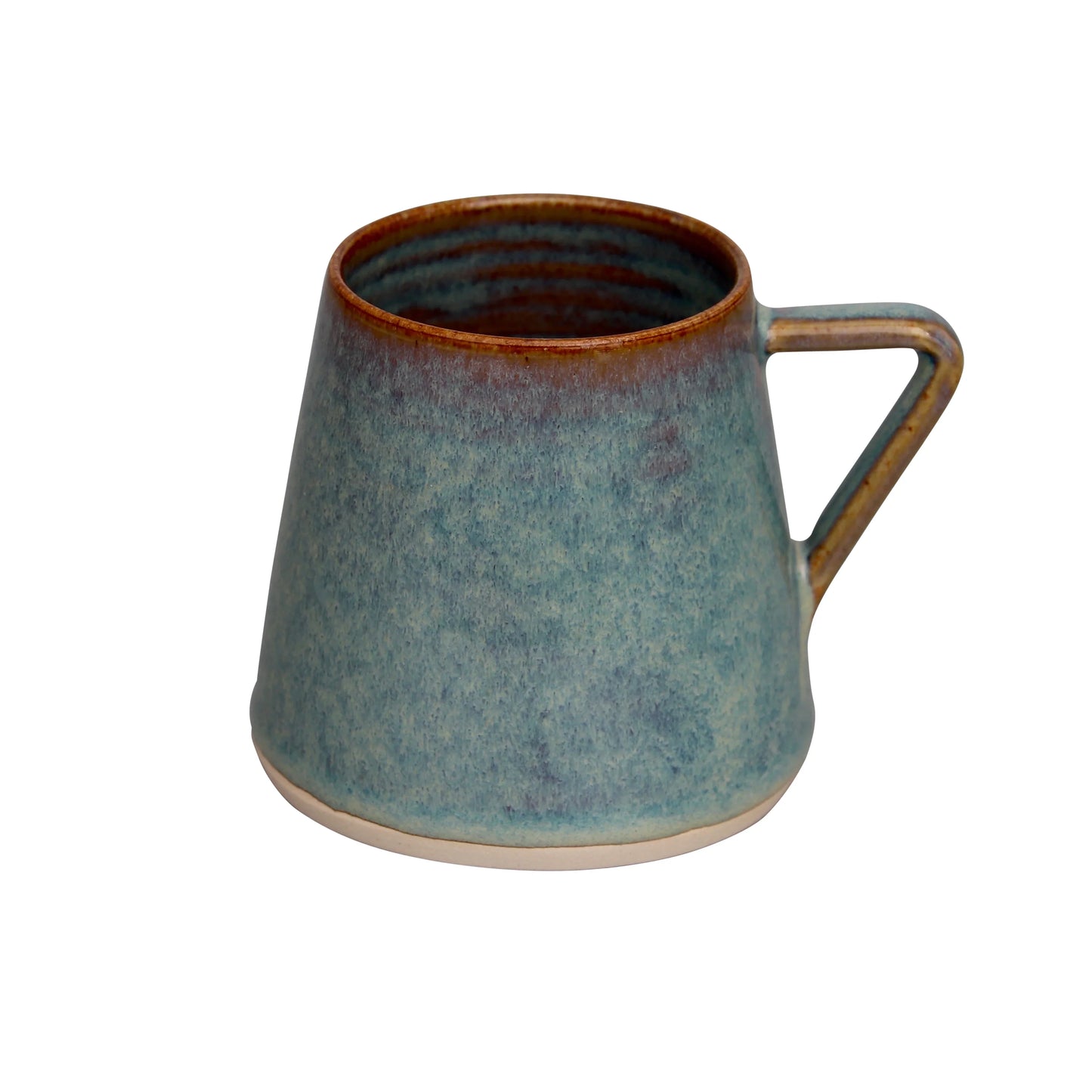 handcrafted pottery mug in blue and brown glaze with angular handle, Kilkenny pottery tradition