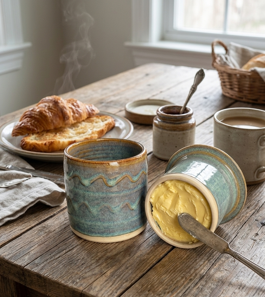 Close-up of woman enjoying a handmade ceramic mug with textured blue-green glaze, showcasing Kilkenny pottery artistry