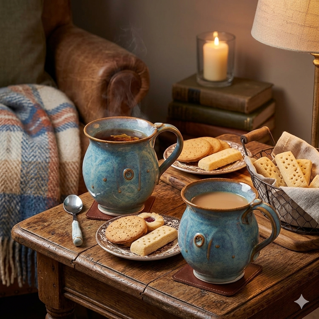 Close-up of woman enjoying a handmade ceramic mug with textured blue-green glaze, showcasing Kilkenny pottery artistry
