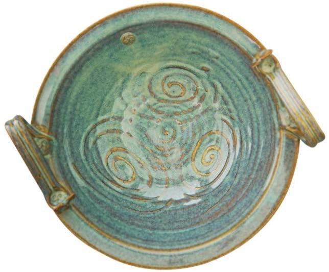 Green Salad Bowl with Handle decorated with Newgrange trickle made by Castle Arch Pottery