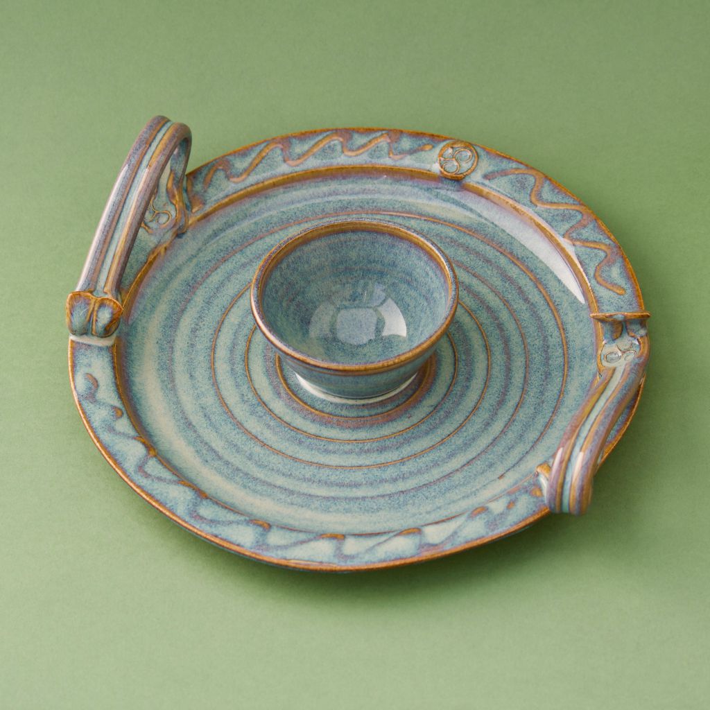 Irish pottery party plate and serving dish with dip bowl and handles