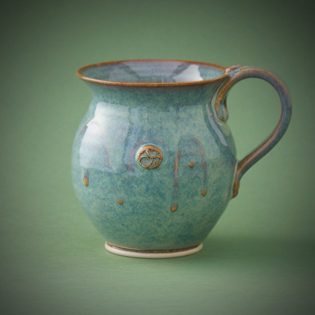 Irish pottery green round mug with newgrange symbol. Castle Arch Pottery