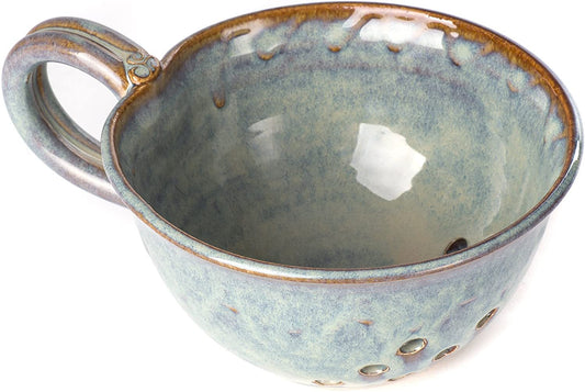 Berry Bowl with Drainage Holes in Green glaze with large handle. Made by Castle Arch Pottery